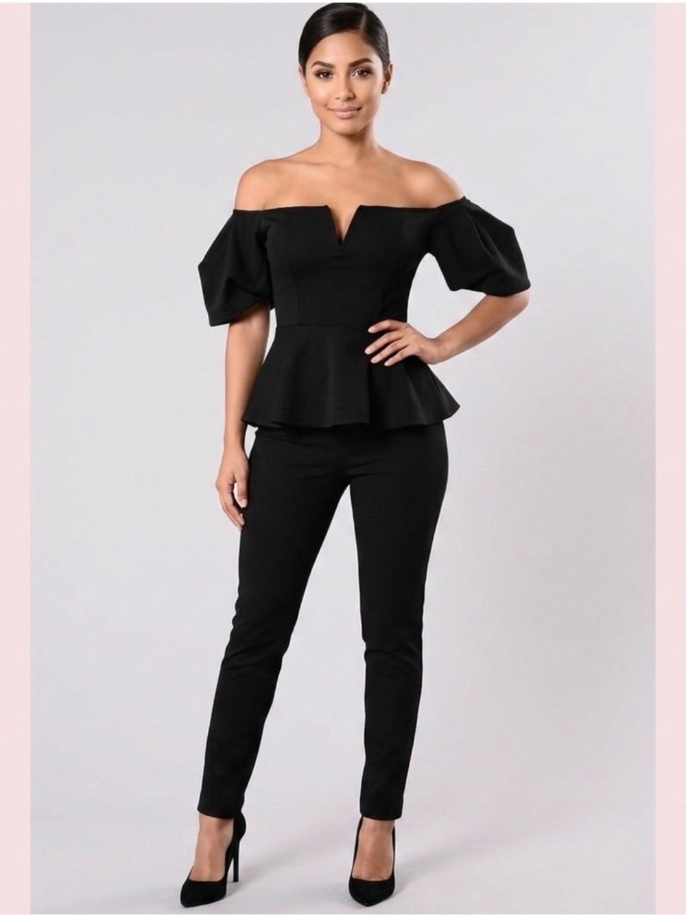Charlotte Russe Black Off-Shoulder Peplum Crop Top with Puff Sleeves